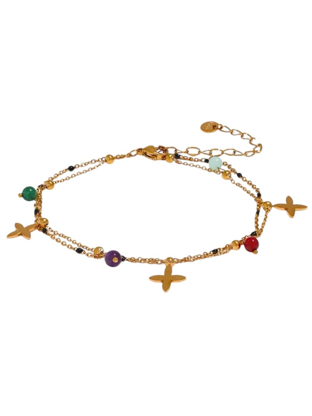 Natural Stone Clover Charm Anklet 18K PVD Gold or Silver Stainless Steel